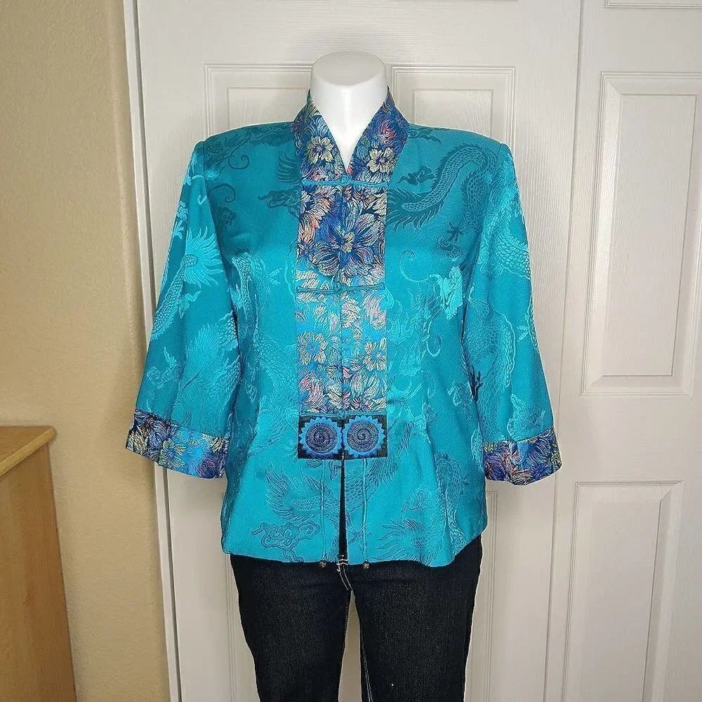 Vintage jewel tone embroidered button front oriental jacket